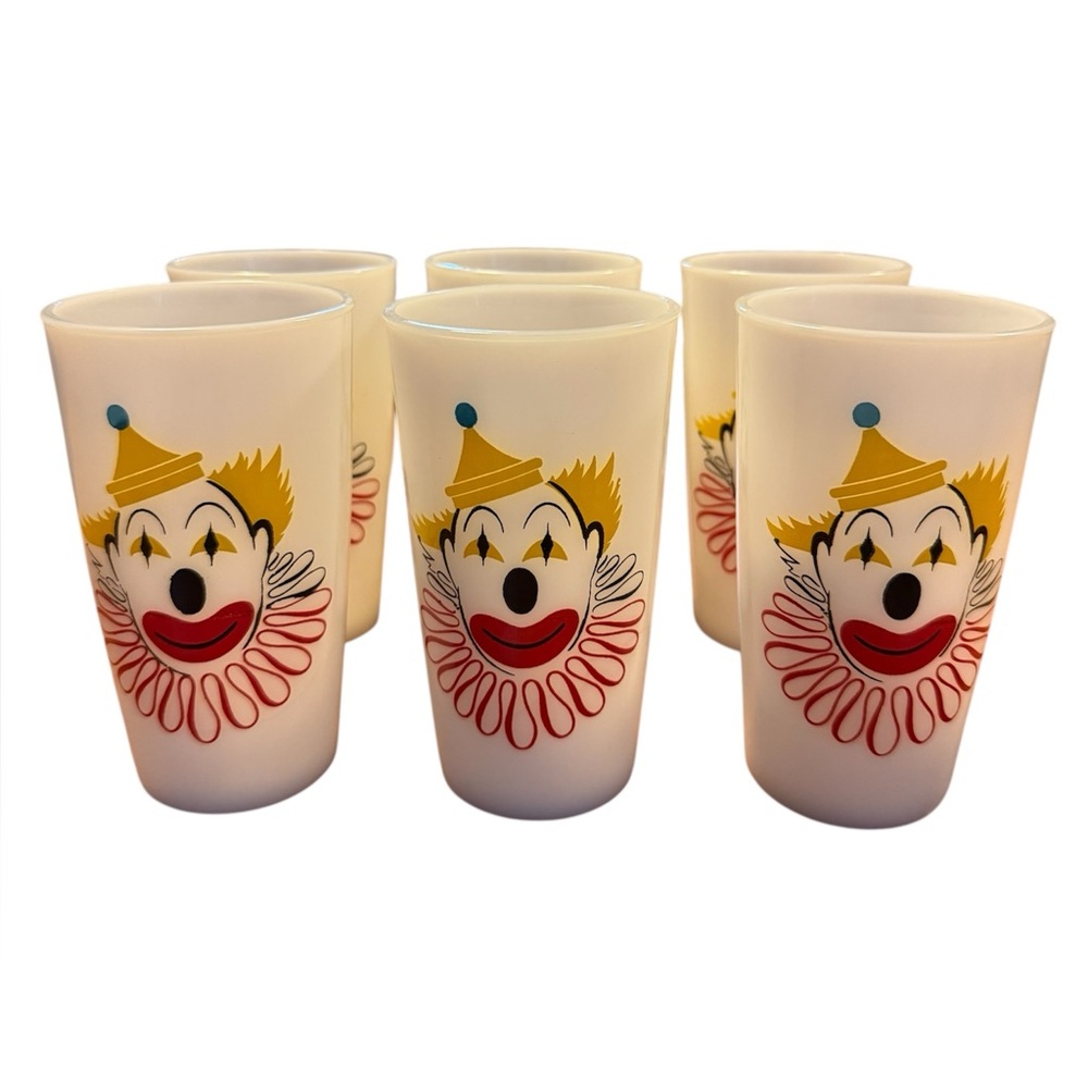 Hazel Atlas Vintage Milk Glass Clown Glasses Set of 6